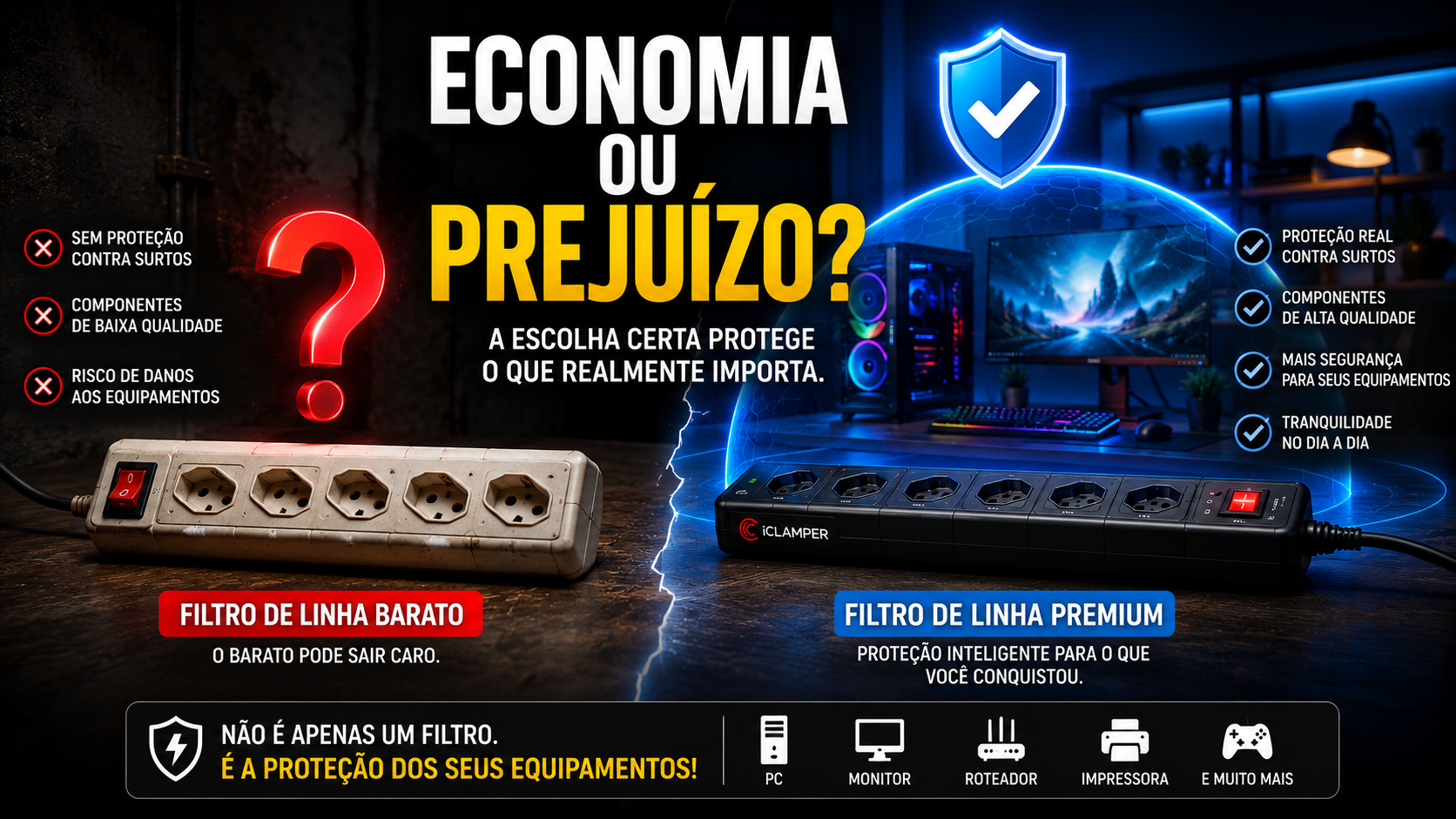 Comparação entre filtro de linha barato e filtro premium
